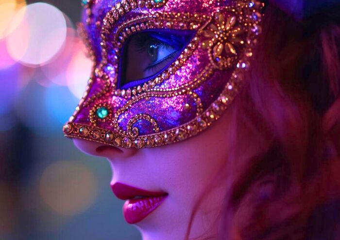 Frau mit eleganter Karnevalsmaske in farbigem Abendlicht – Karnevalsball-Atmosphäre