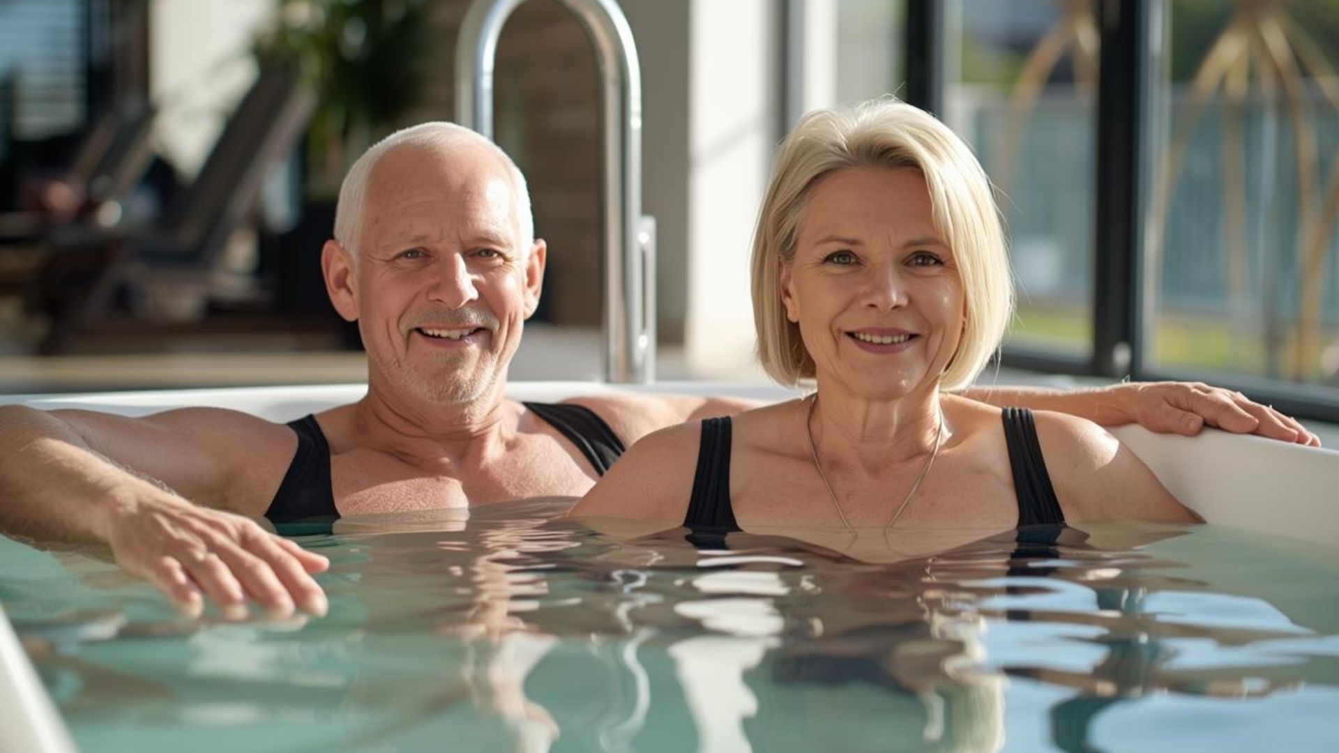 Egy idősebb házaspár napfényes medencében pihen és mosolyog. Fürdőruhát viselnek, a háttérben egy nyugodt beltéri wellness-környezet látható, amely pihenést és boldogságot sugároz.