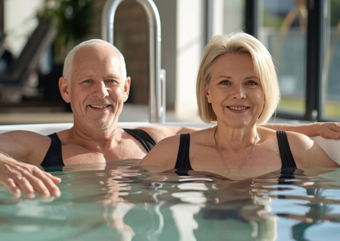 :Ein älteres Ehepaar entspannt sich in einem sonnendurchfluteten Pool und lächelt herzlich. Sie tragen Badeanzüge, im Hintergrund ist eine ruhige Indoor-Spa-Umgebung zu sehen, die Entspannung und Glück vermittelt.